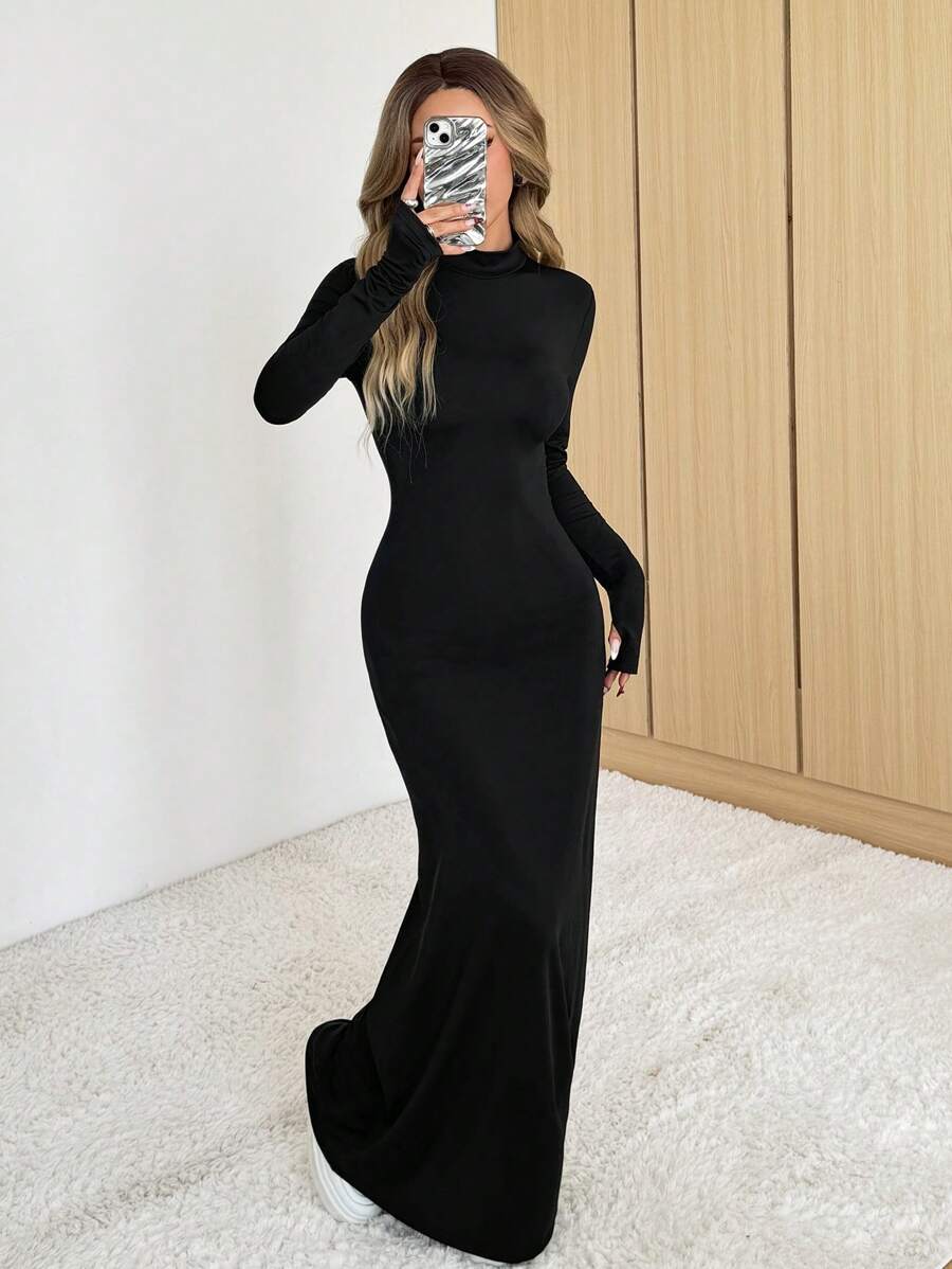 SHEIN EZwear فستان ماكسي اسود بأكمام طويلة ورقبة عالية