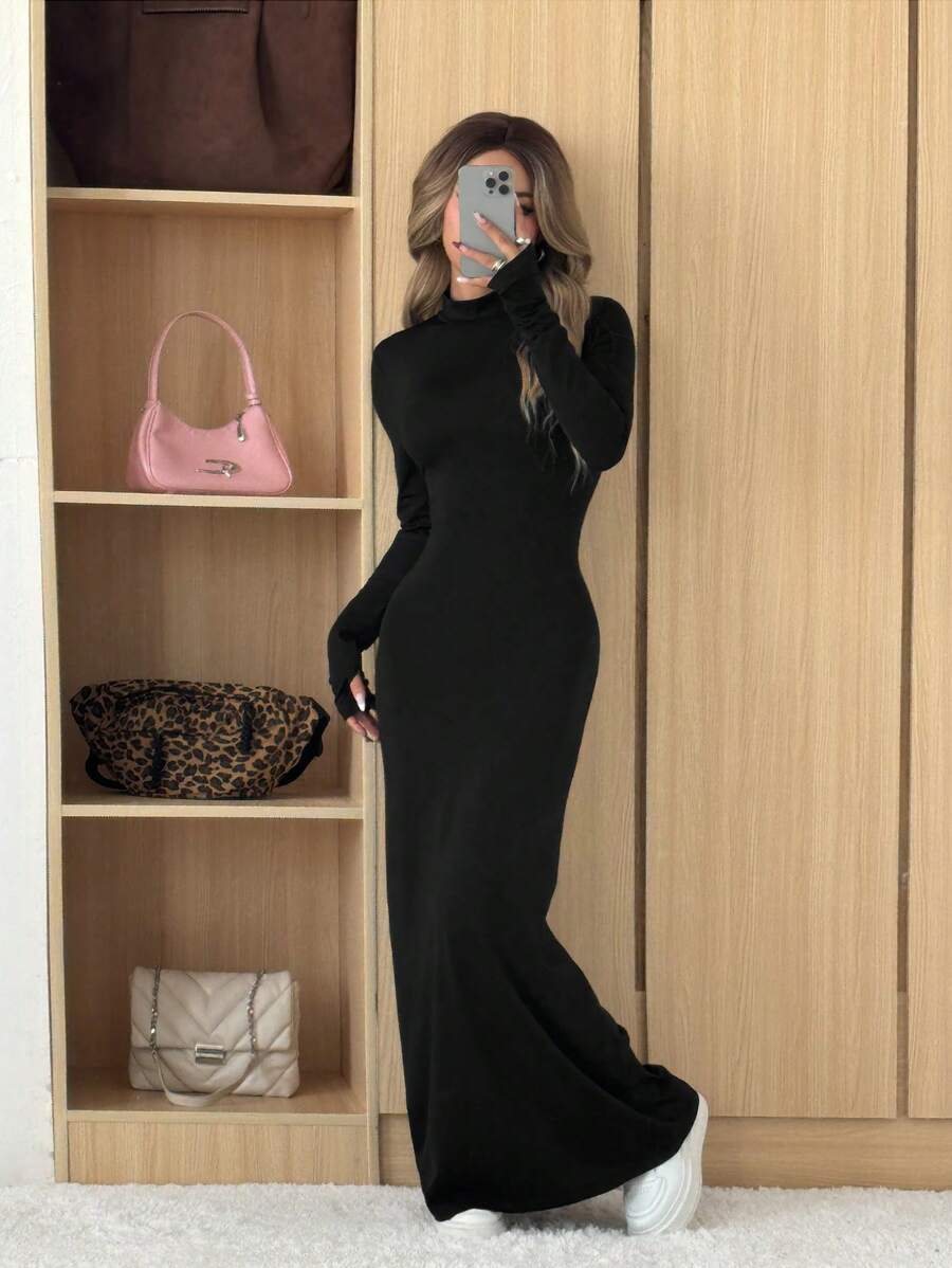 SHEIN EZwear فستان ماكسي اسود بأكمام طويلة ورقبة عالية