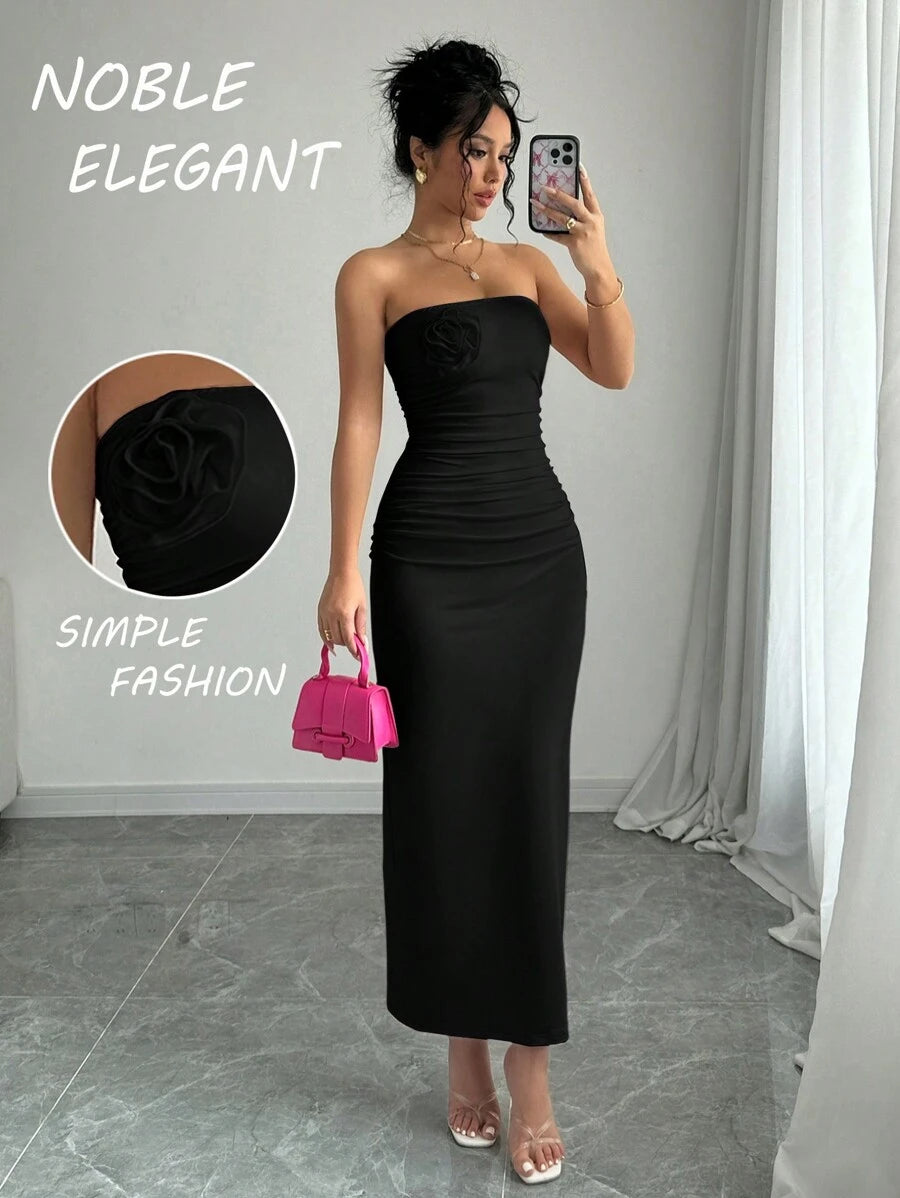 SHEIN Elenzga فستان ماكسي اسود مزخرف بزهور وأربطة على الفخذ