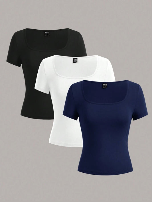 SHEIN EZwear طقم 3 قطع تي شيرت بياقة مربعة وأكمام قصيرة
