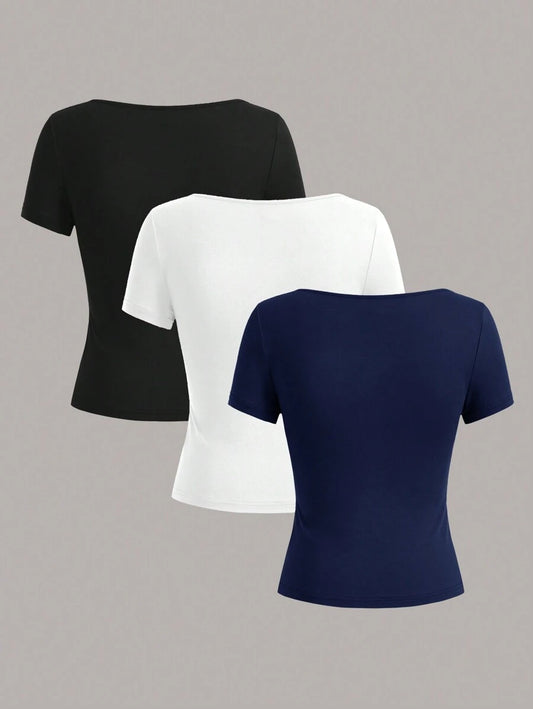 SHEIN EZwear طقم 3 قطع تي شيرت بياقة مربعة وأكمام قصيرة