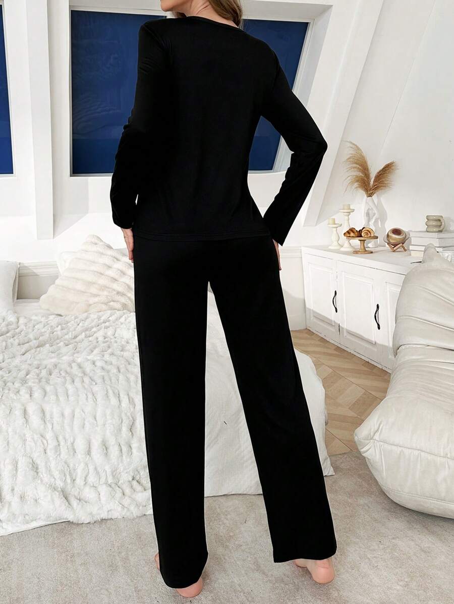 SHEIN Doze Lane بيجاما سوداء 2 قطعة بطباعة حرفية