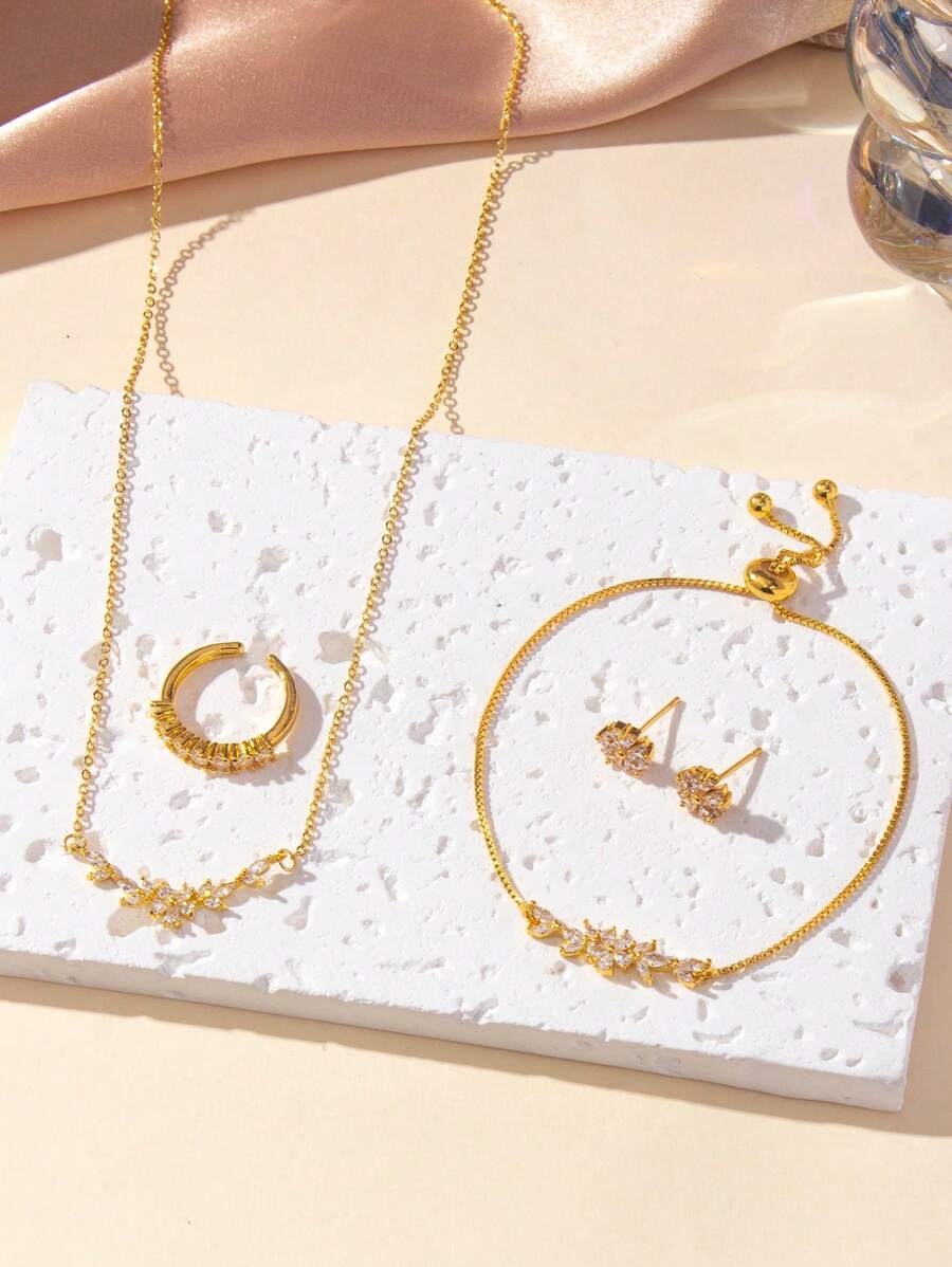 SHEIN طقم مجوهرات 5 قطع زركونيا بتصميم نباتي و أوراق