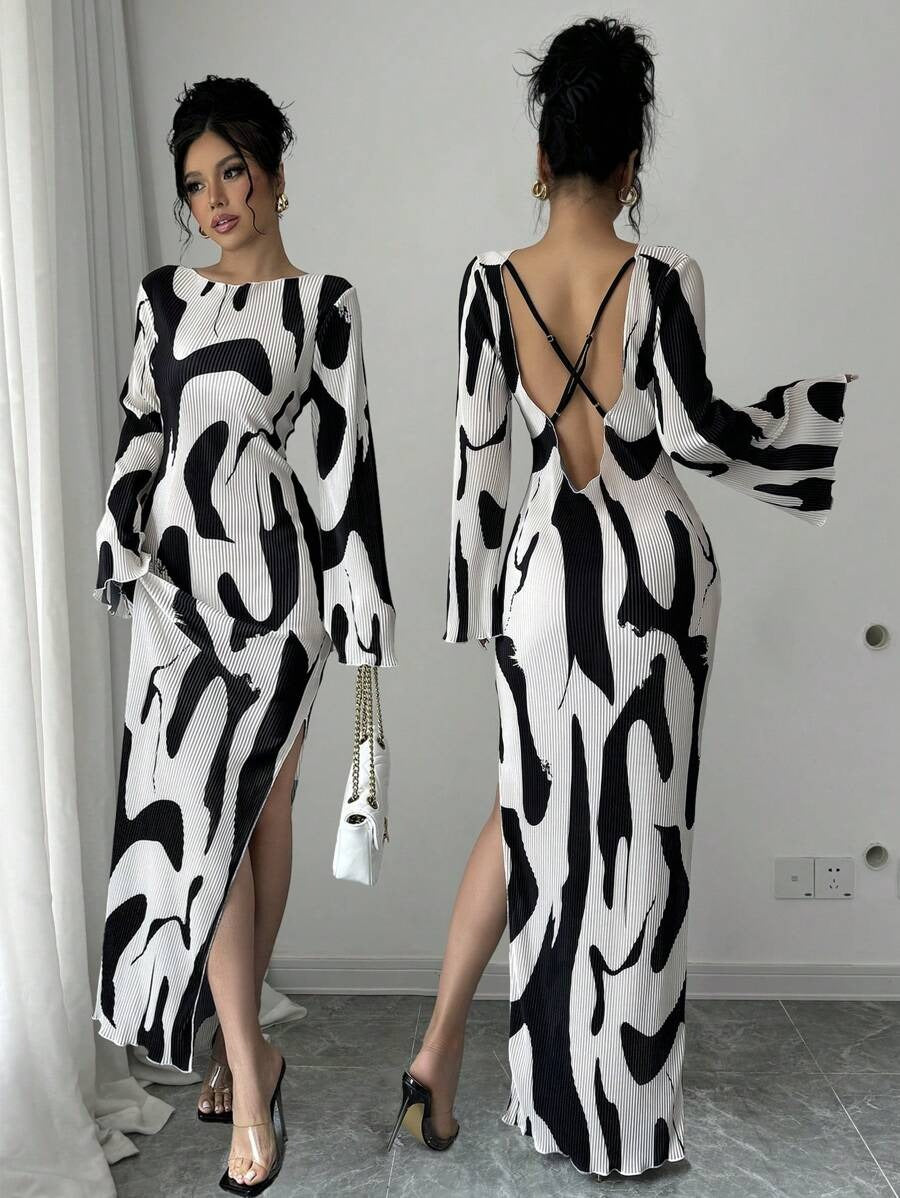 SHEIN Rafferiza  فستان طويل بطبعة كاملة بلون أبيض وأسود وأكمام طويلة