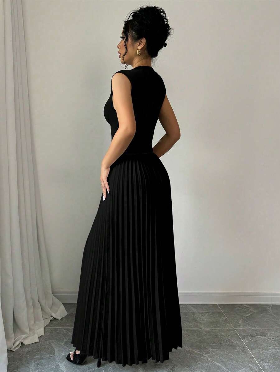 SHEIN Elenzga فستان اسود بدون أكمام بياقة وطيات