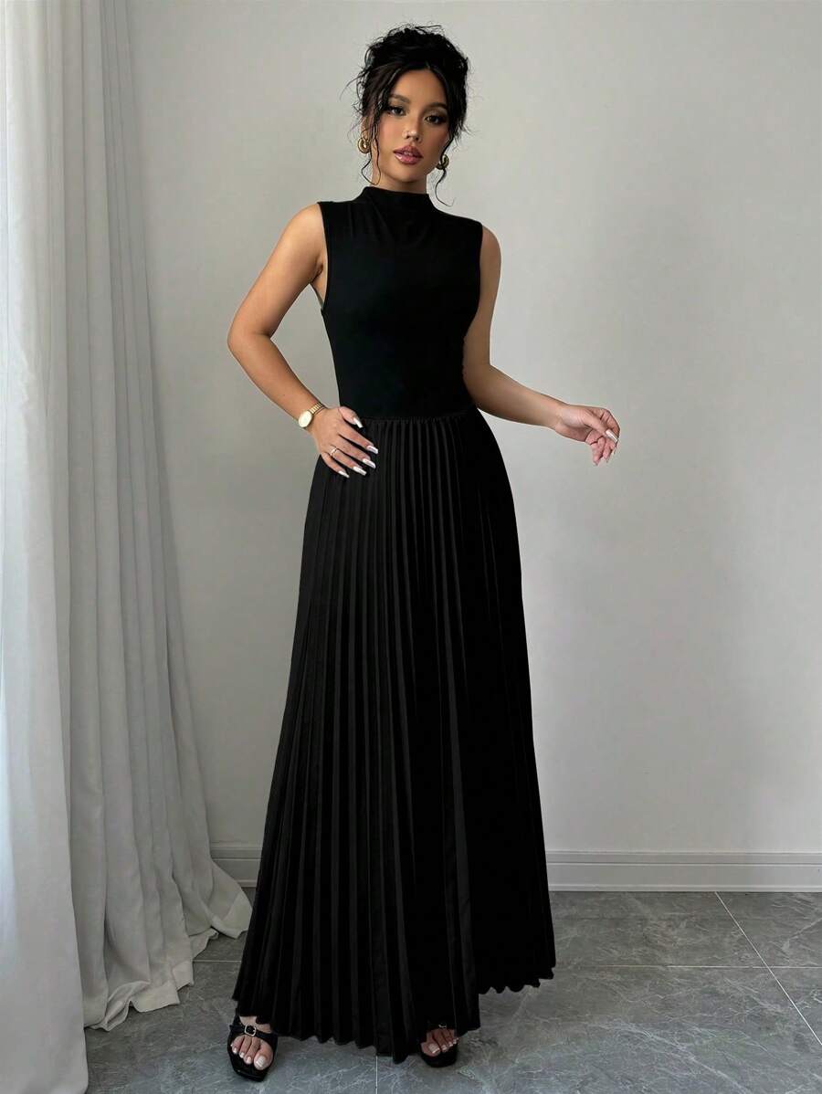 SHEIN Elenzga فستان اسود بدون أكمام بياقة وطيات