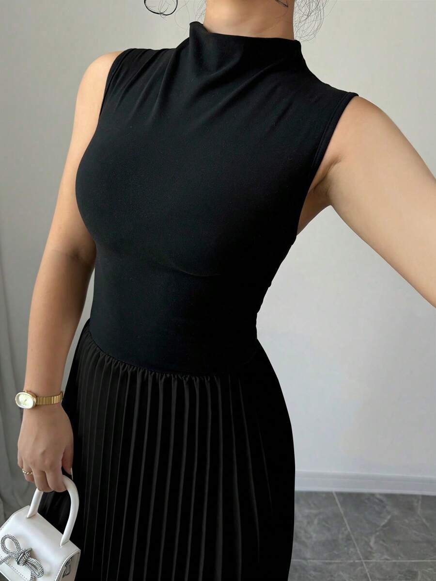 SHEIN Elenzga فستان اسود بدون أكمام بياقة وطيات