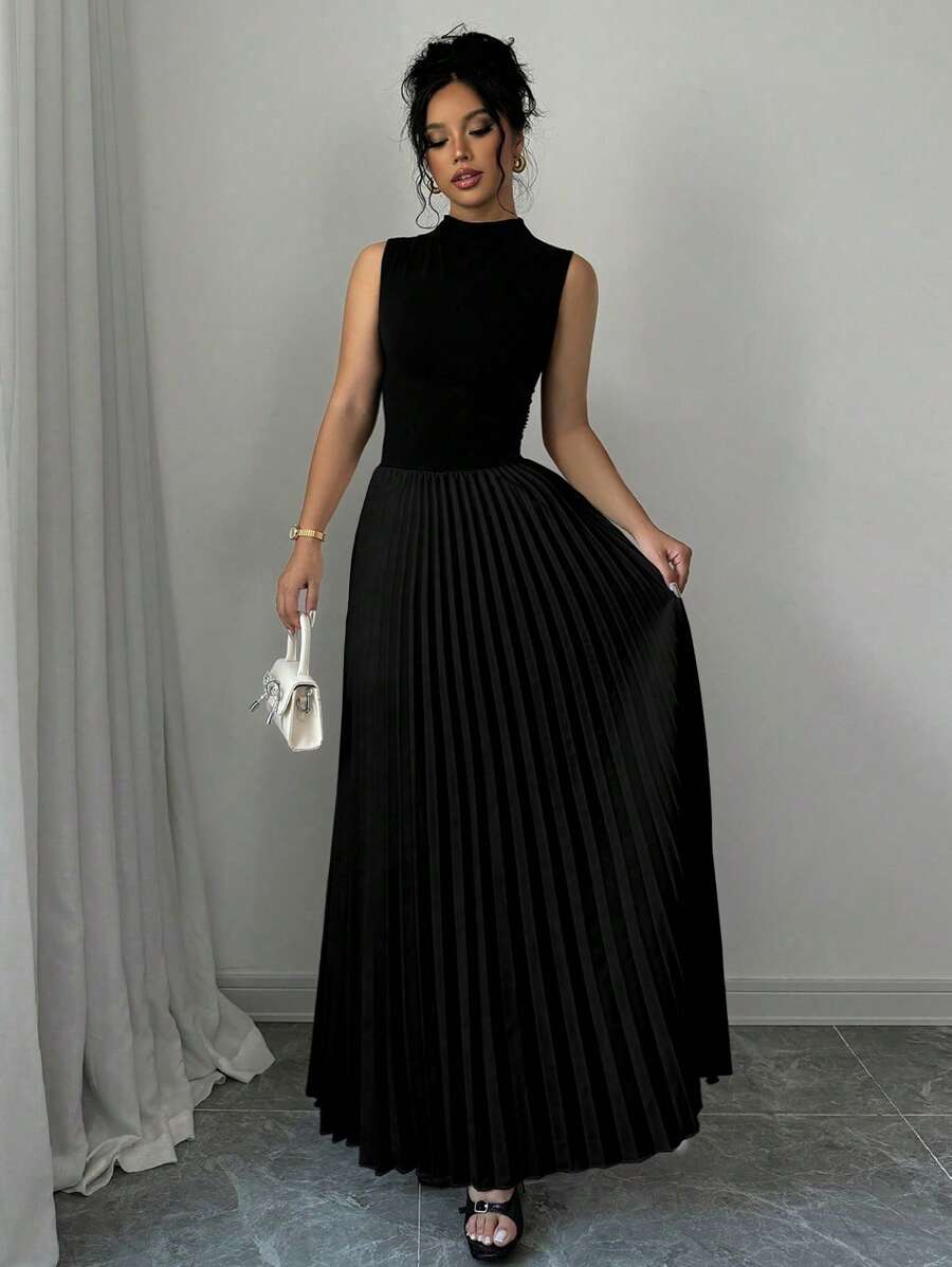 SHEIN Elenzga فستان اسود بدون أكمام بياقة وطيات