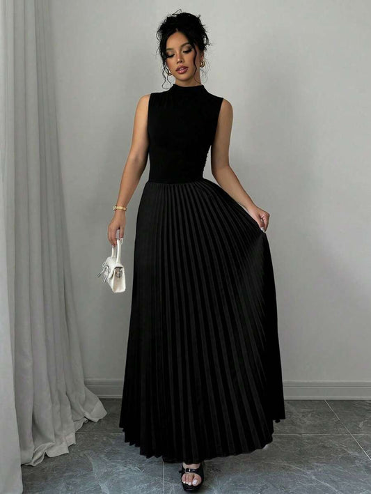 SHEIN Elenzga فستان اسود بدون أكمام بياقة وطيات