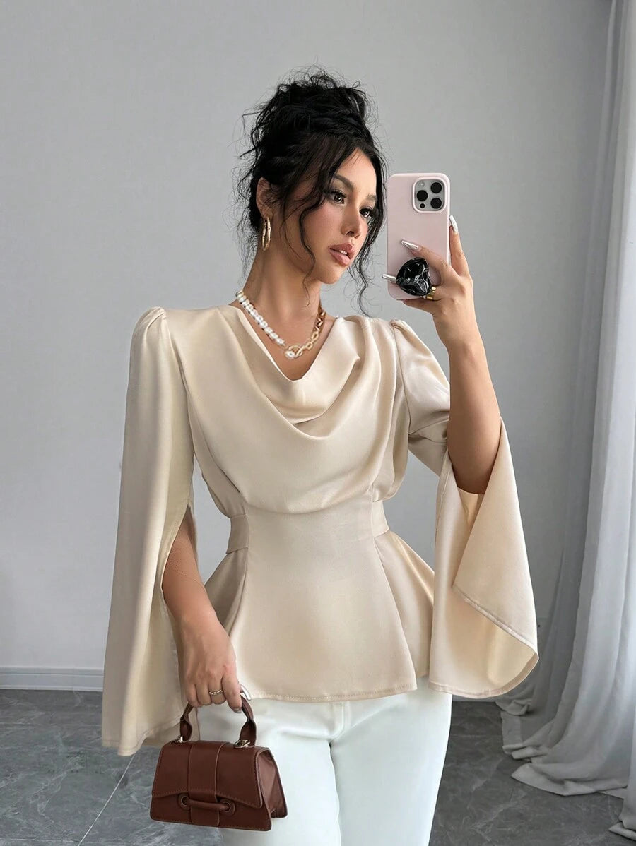 SHEIN Elenzga بلوزة أنيقة بأكمام طويلة وقماش ساتان فاخر