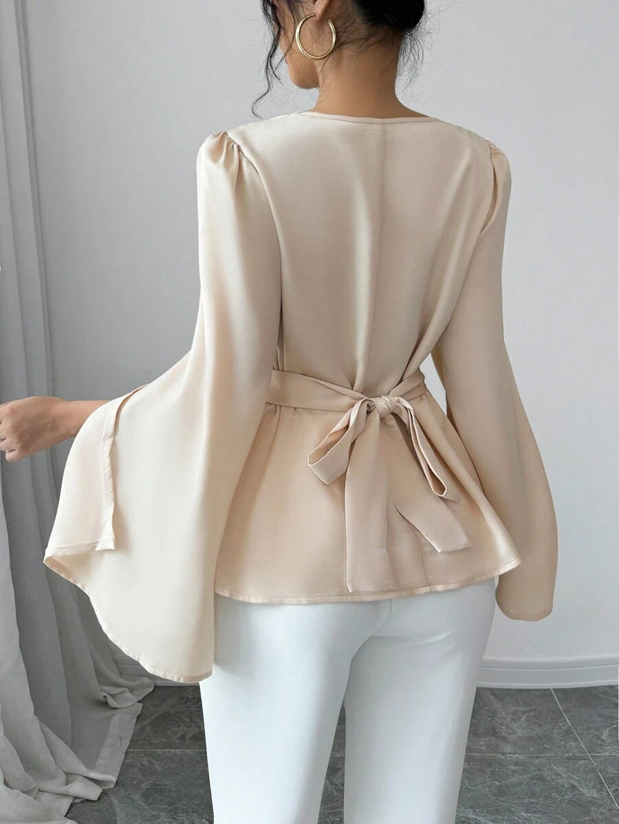 SHEIN Elenzga بلوزة أنيقة بأكمام طويلة وقماش ساتان فاخر