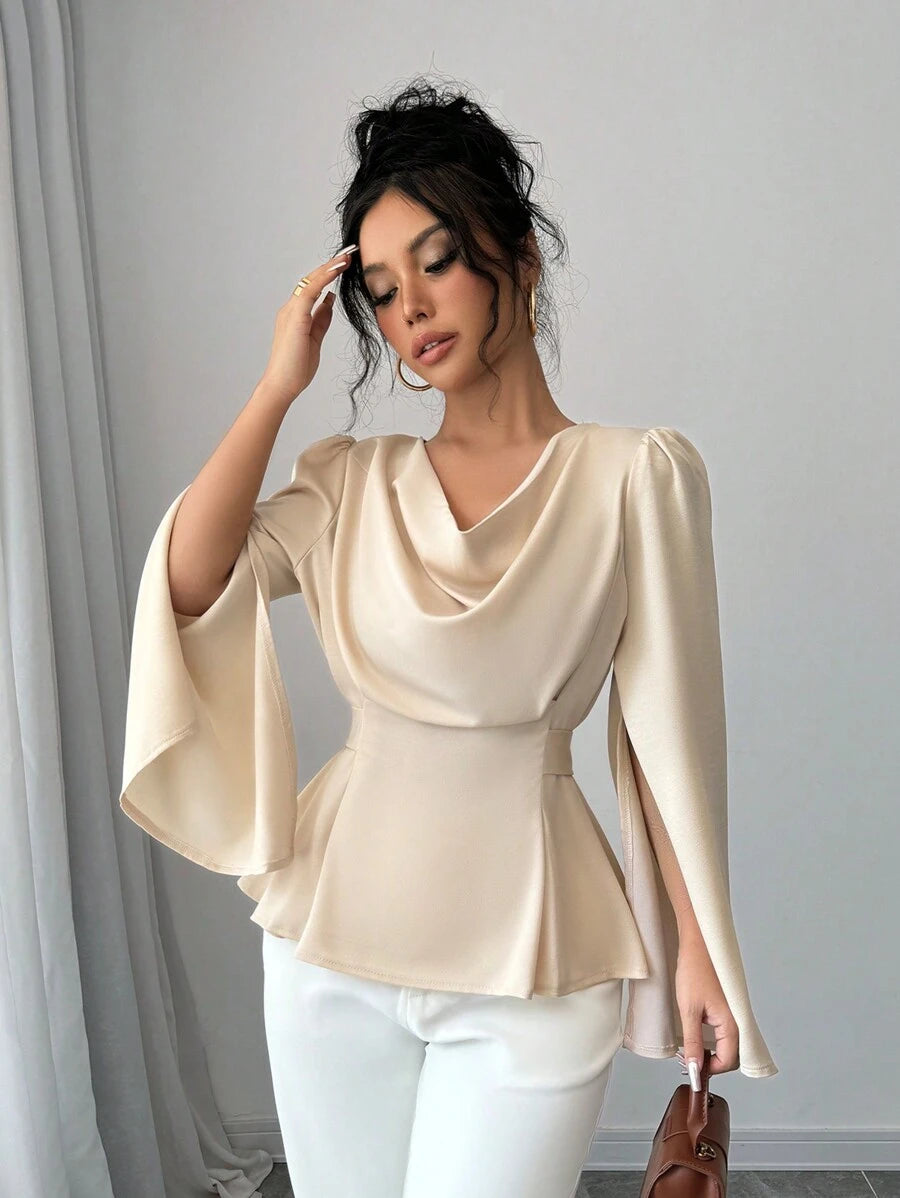 SHEIN Elenzga بلوزة أنيقة بأكمام طويلة وقماش ساتان فاخر