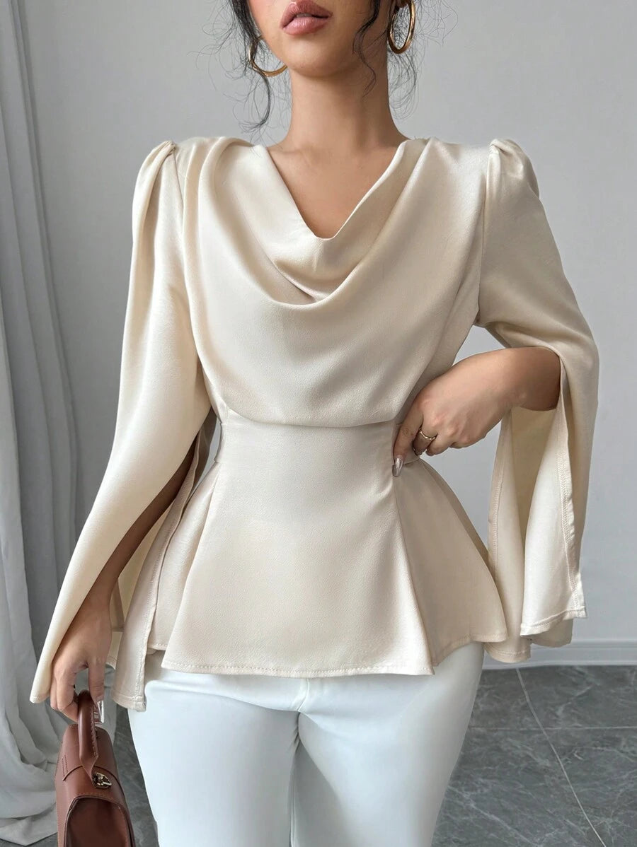 SHEIN Elenzga بلوزة أنيقة بأكمام طويلة وقماش ساتان فاخر