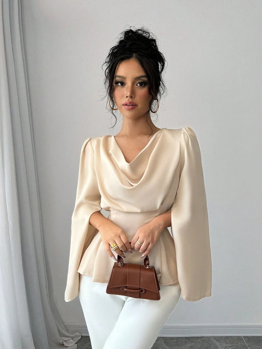 SHEIN Elenzga بلوزة أنيقة بأكمام طويلة وقماش ساتان فاخر