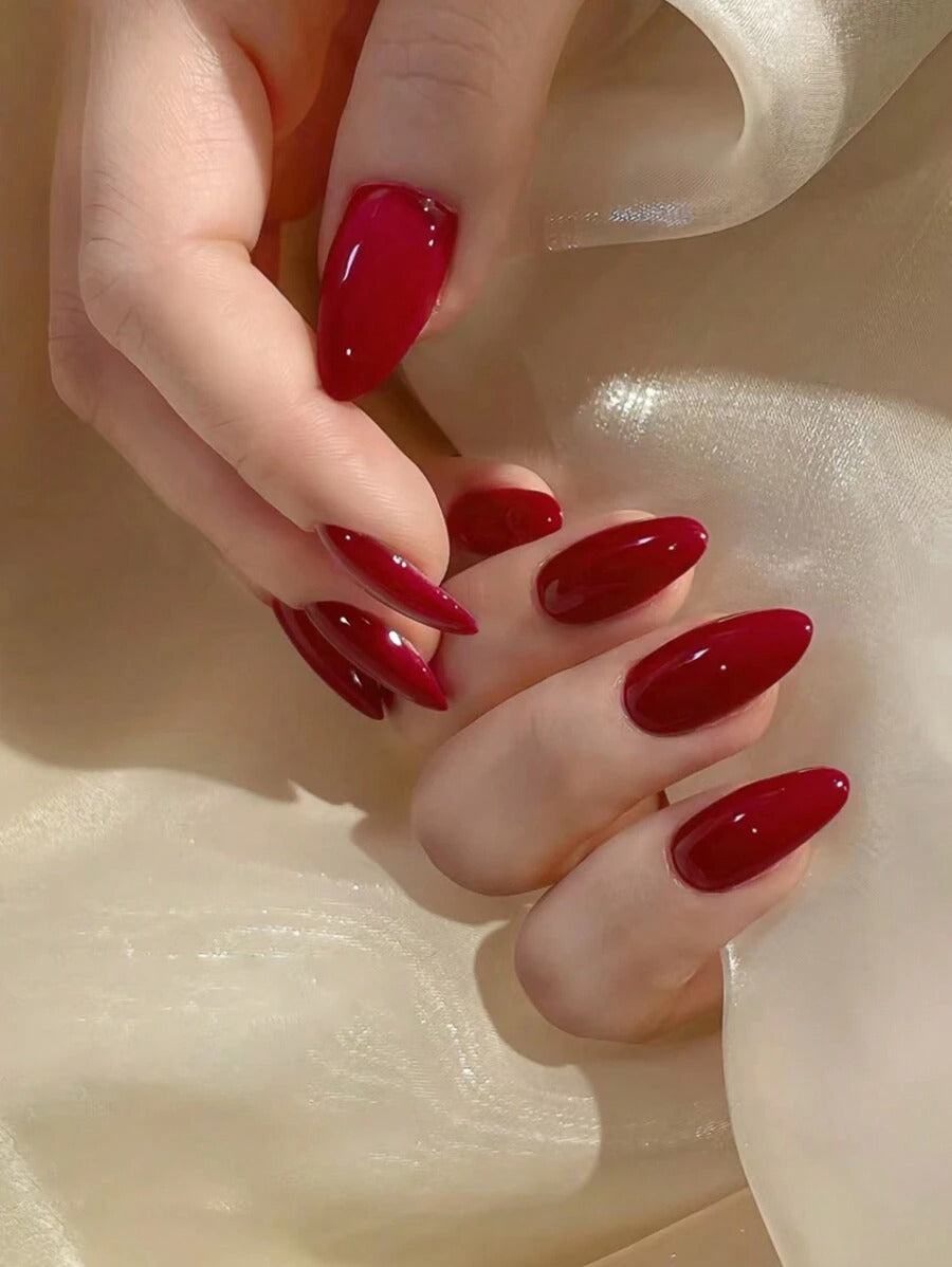 SHEIN مجموعة أظافر حمراء 24 قطعة متوسطة شكل لوز