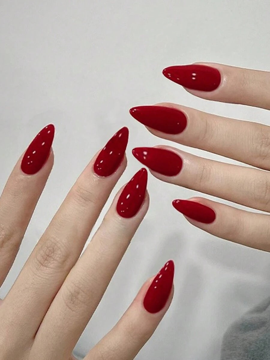 SHEIN مجموعة أظافر حمراء 24 قطعة متوسطة شكل لوز