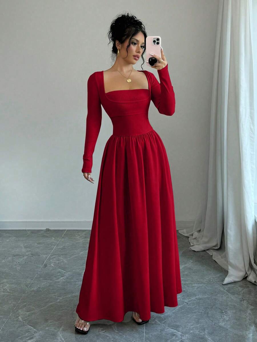 SHEIN Elenzga فستان ماكسي احمر طويل الأكمام بخصر مشدود