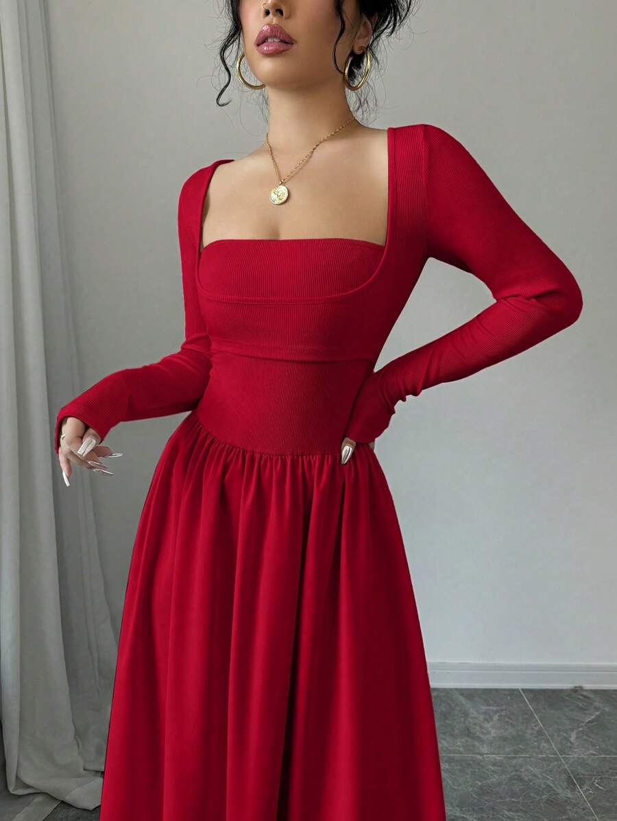 SHEIN Elenzga فستان ماكسي احمر طويل الأكمام بخصر مشدود