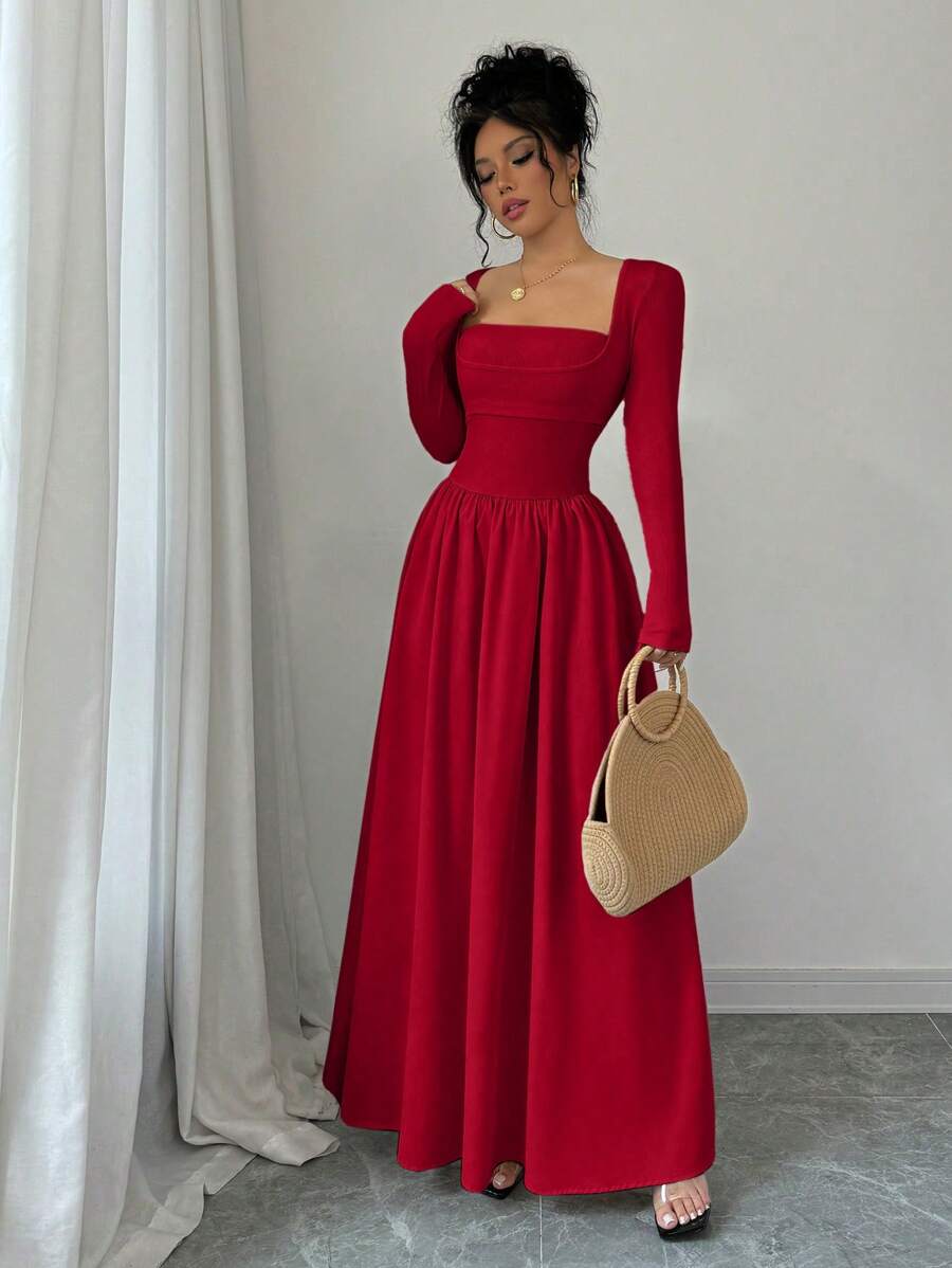 SHEIN Elenzga فستان ماكسي احمر طويل الأكمام بخصر مشدود