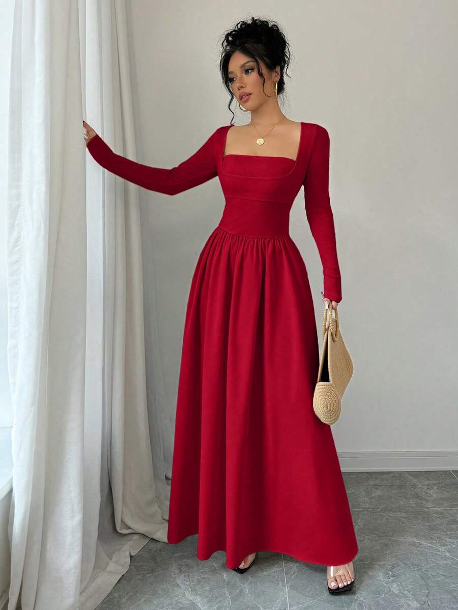 SHEIN Elenzga فستان ماكسي احمر طويل الأكمام بخصر مشدود