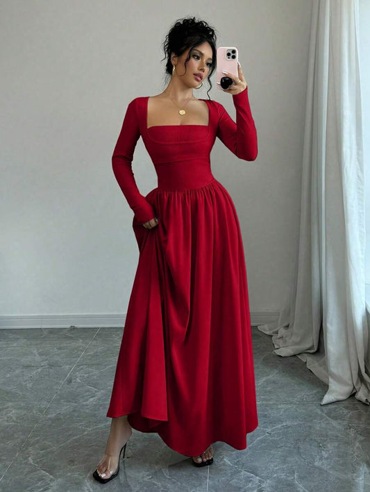SHEIN Elenzga فستان ماكسي احمر طويل الأكمام بخصر مشدود