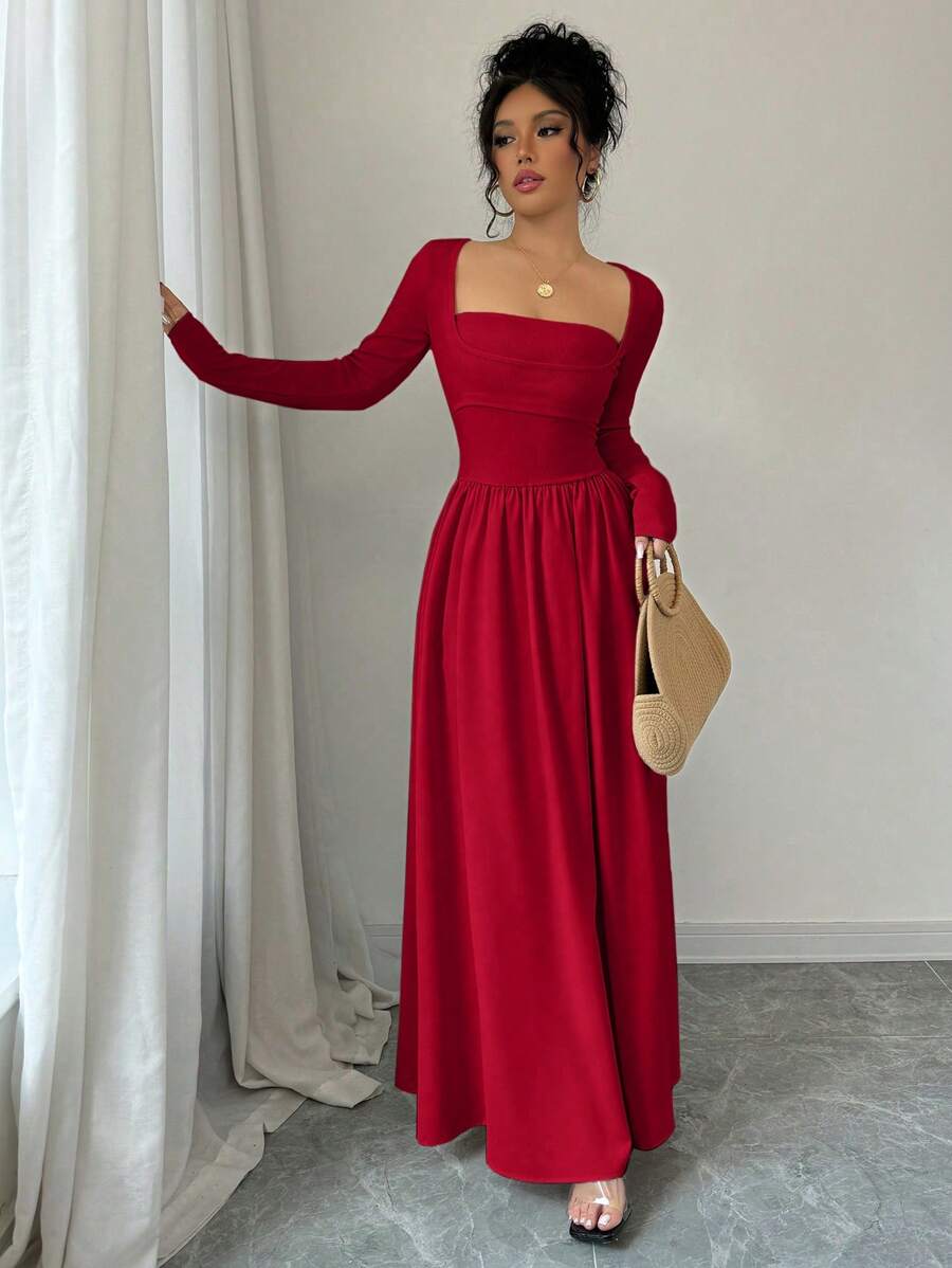 SHEIN Elenzga فستان ماكسي احمر طويل الأكمام بخصر مشدود