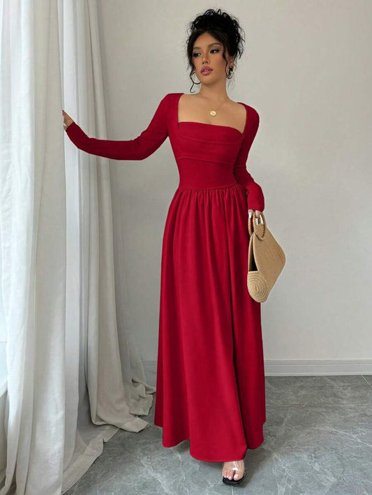 SHEIN Elenzga فستان ماكسي احمر طويل الأكمام بخصر مشدود