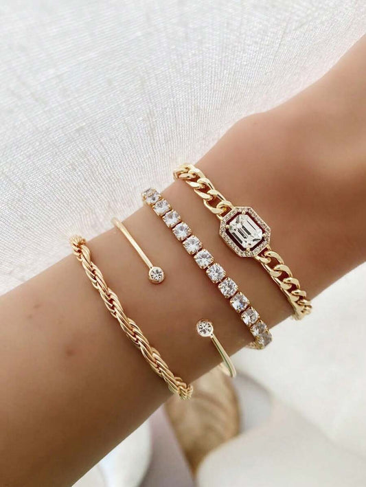 SHEIN مجموعة أساور 4 قطع ذهبية مزخرفة بالأحجار الكريمة
