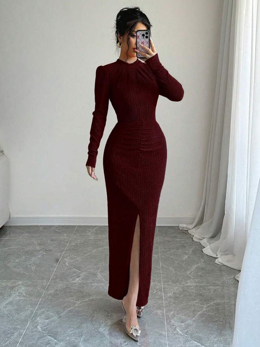 SHEIN Elenzga فستان طويل بأكمام طويلة وأكتاف مرتفعة