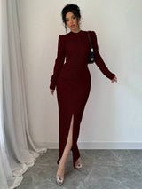 SHEIN Elenzga فستان طويل بأكمام طويلة وأكتاف مرتفعة