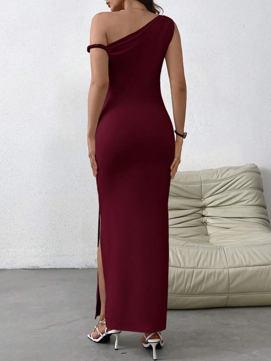 SHEIN Jemour فستان عنابي ضيق بفتحة على الكتف