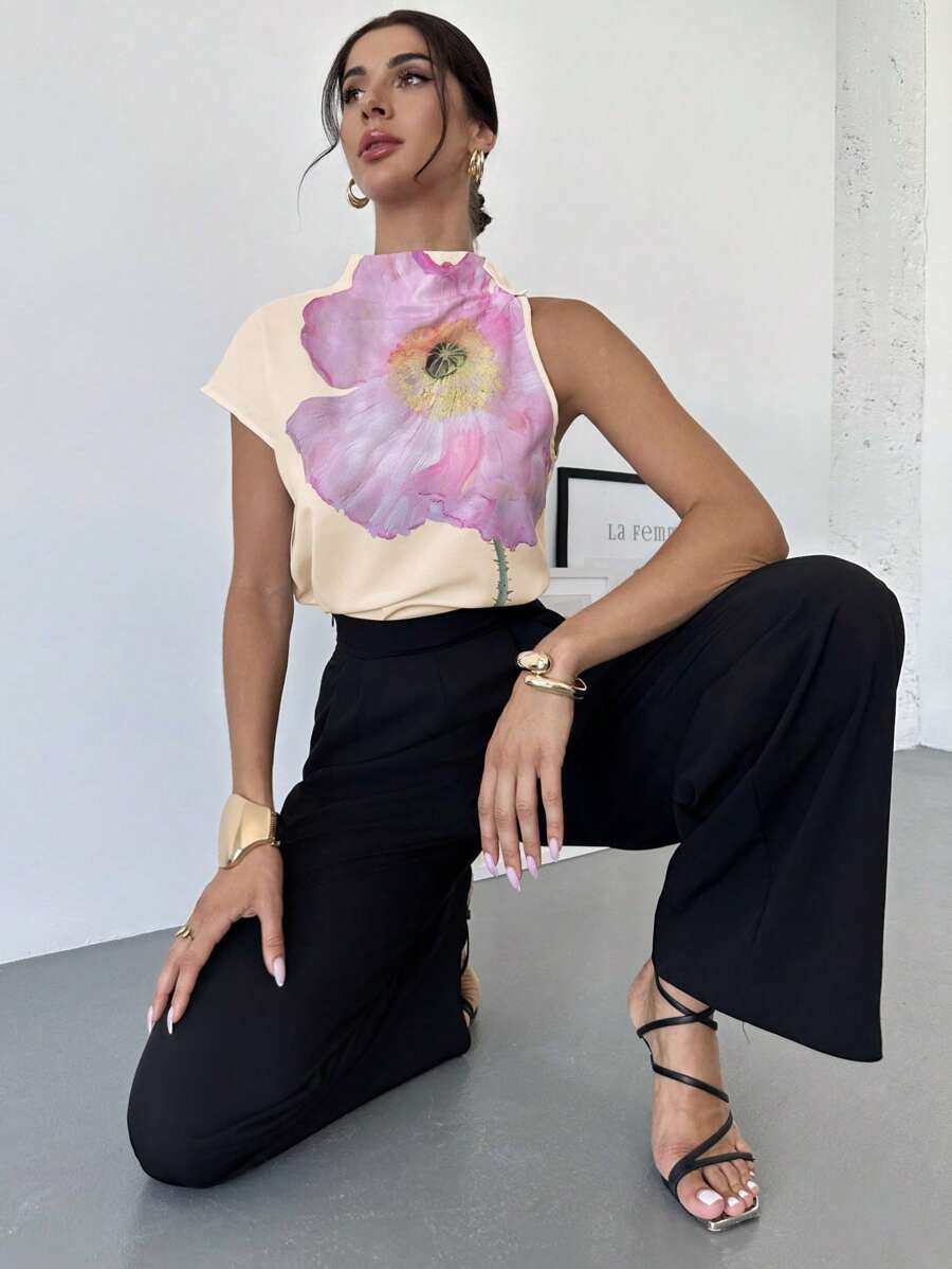 SHEIN Privé قميص جميل بنقشة طباعية وأربطة كتف