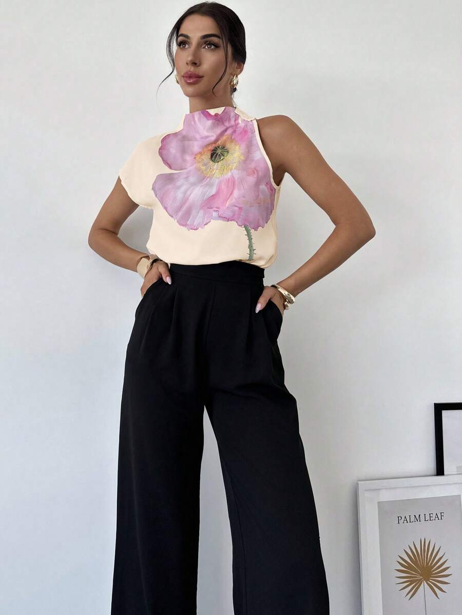 SHEIN Privé قميص جميل بنقشة طباعية وأربطة كتف