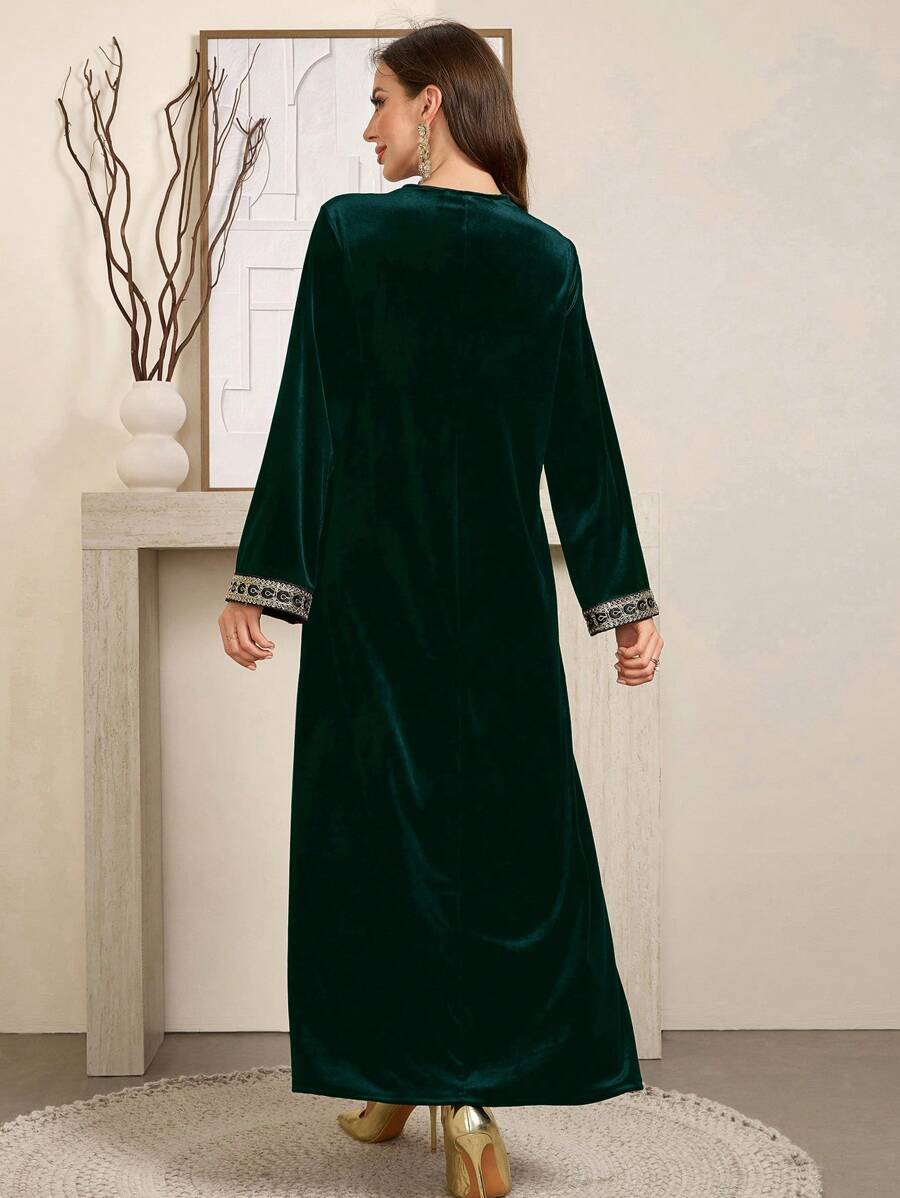 SHEIN Al Najma فستان اخضر غامق كم حرير محتشم عربي