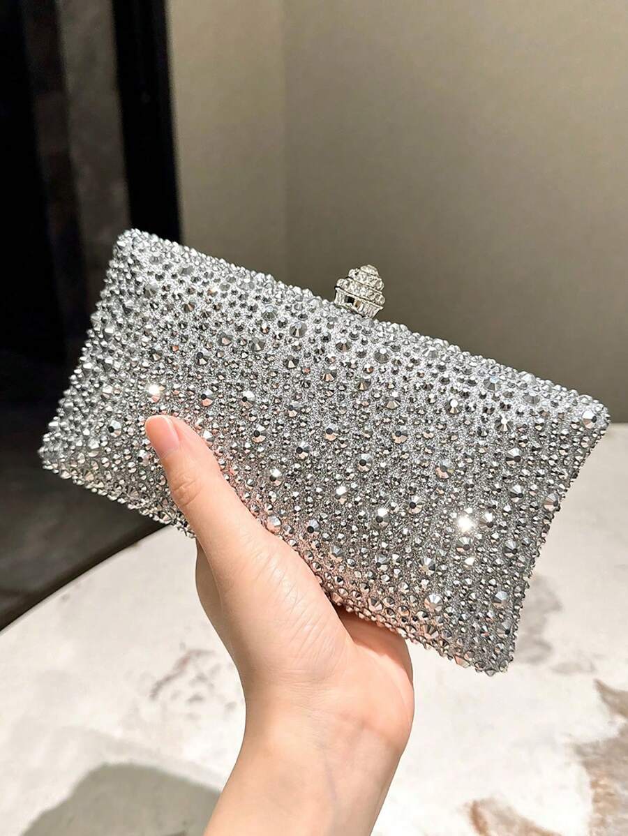 SHEIN حقيبة كلاتش فضية مزينة بالراين ستون بسلسلة معدنية