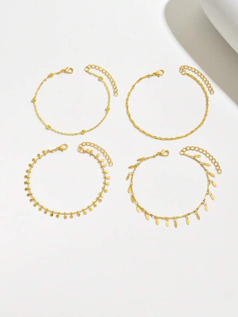 SHEIN طقم 4 أساور كاحل متعددة الطبقات مصنوعة يدويًا من الخرز