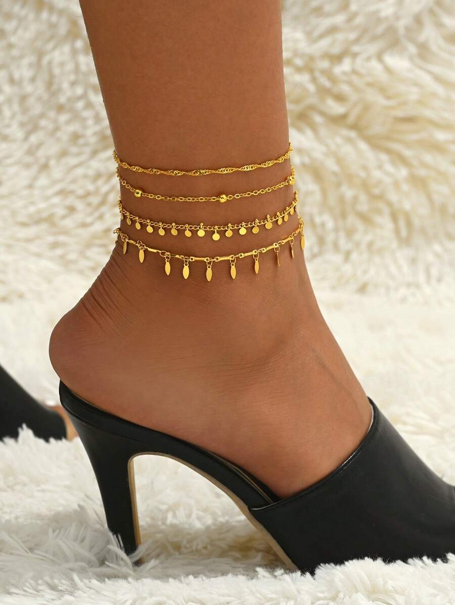 SHEIN طقم 4 أساور كاحل متعددة الطبقات مصنوعة يدويًا من الخرز