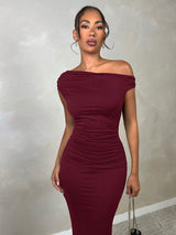 SHEIN BAE فستان عنابي بحافة متناظرة وتصميم متناسق
