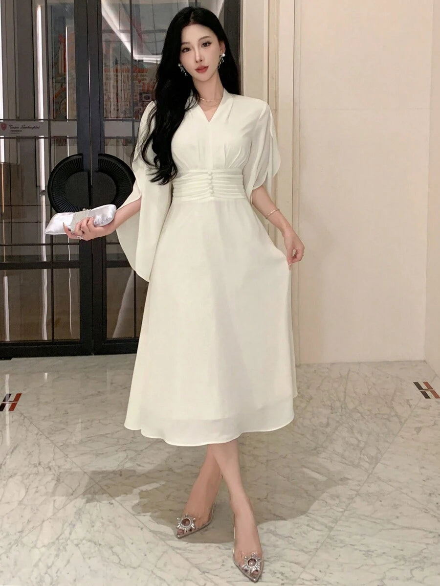 SHEIN DAZY فستان متوسط الطول بياقة وطيات من الشيفون