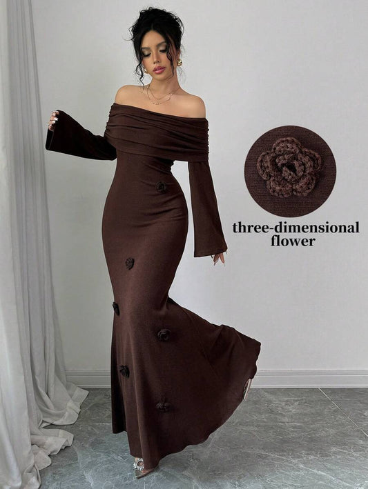 SHEIN Modelyn فستان ماكسي كشمير بأكتاف مكشوفة وذيل سمكة