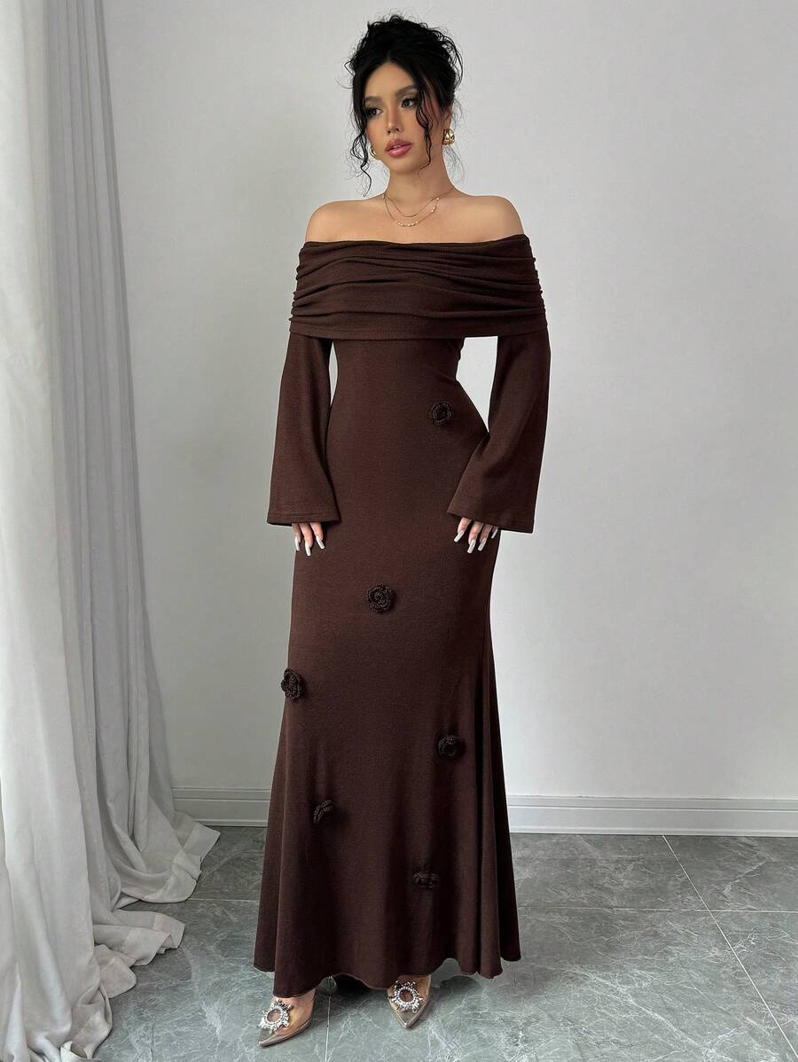 SHEIN Modelyn فستان ماكسي كشمير بأكتاف مكشوفة وذيل سمكة