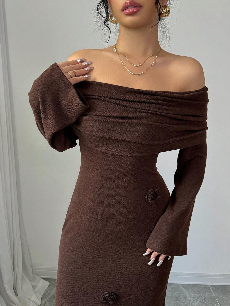 SHEIN Modelyn فستان ماكسي كشمير بأكتاف مكشوفة وذيل سمكة