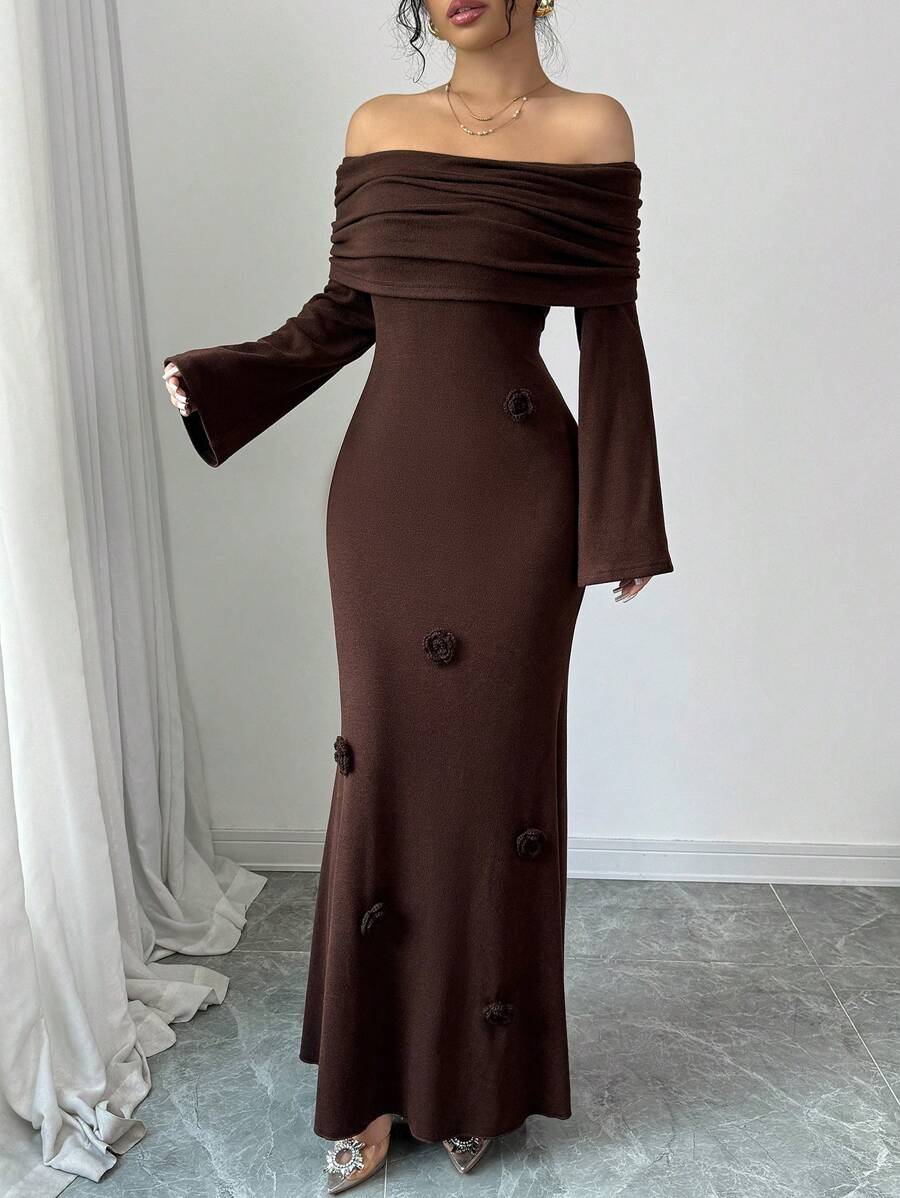 SHEIN Modelyn فستان ماكسي كشمير بأكتاف مكشوفة وذيل سمكة