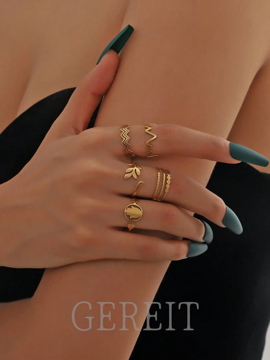 SHEIN طقم 5 خواتم ستانلس ستيل موجي وورق ونخيل