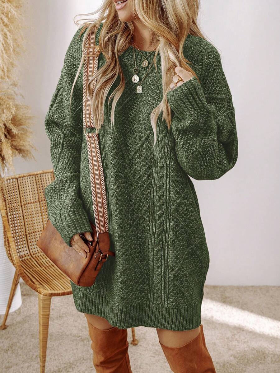 SHEIN Acelitt فستان بلون أخضر زيتوني محبوك بنقشة بارزة وأكتاف منسدلة