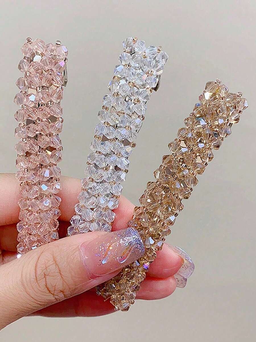 SHEIN طقم 4 قطع مشابك شعر مزينة خرز بلوري لامعة