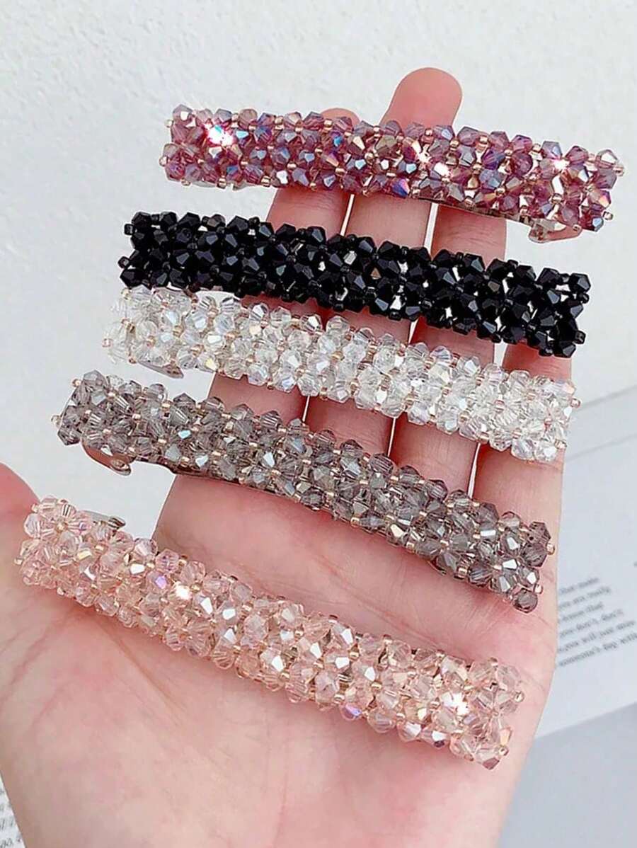 SHEIN طقم 4 قطع مشابك شعر مزينة خرز بلوري لامعة