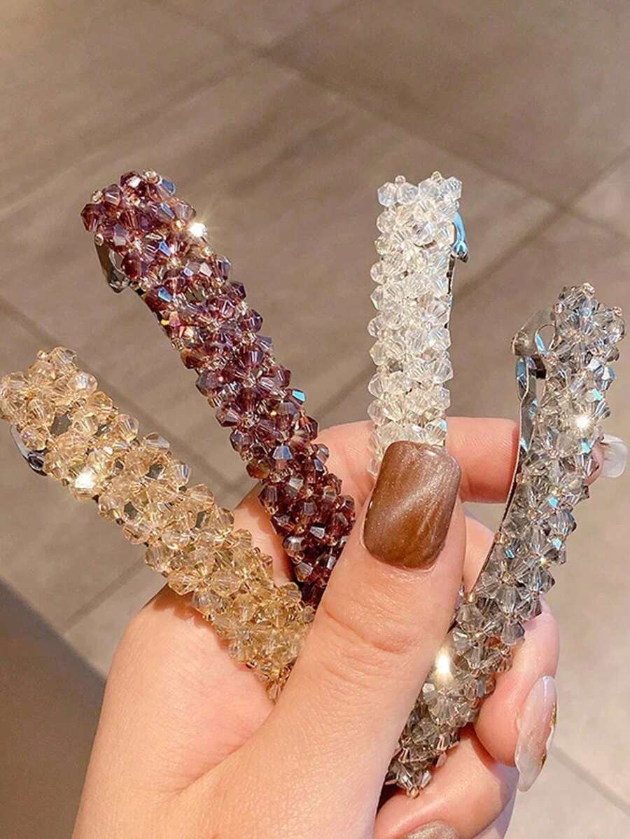 SHEIN طقم 4 قطع مشابك شعر مزينة خرز بلوري لامعة