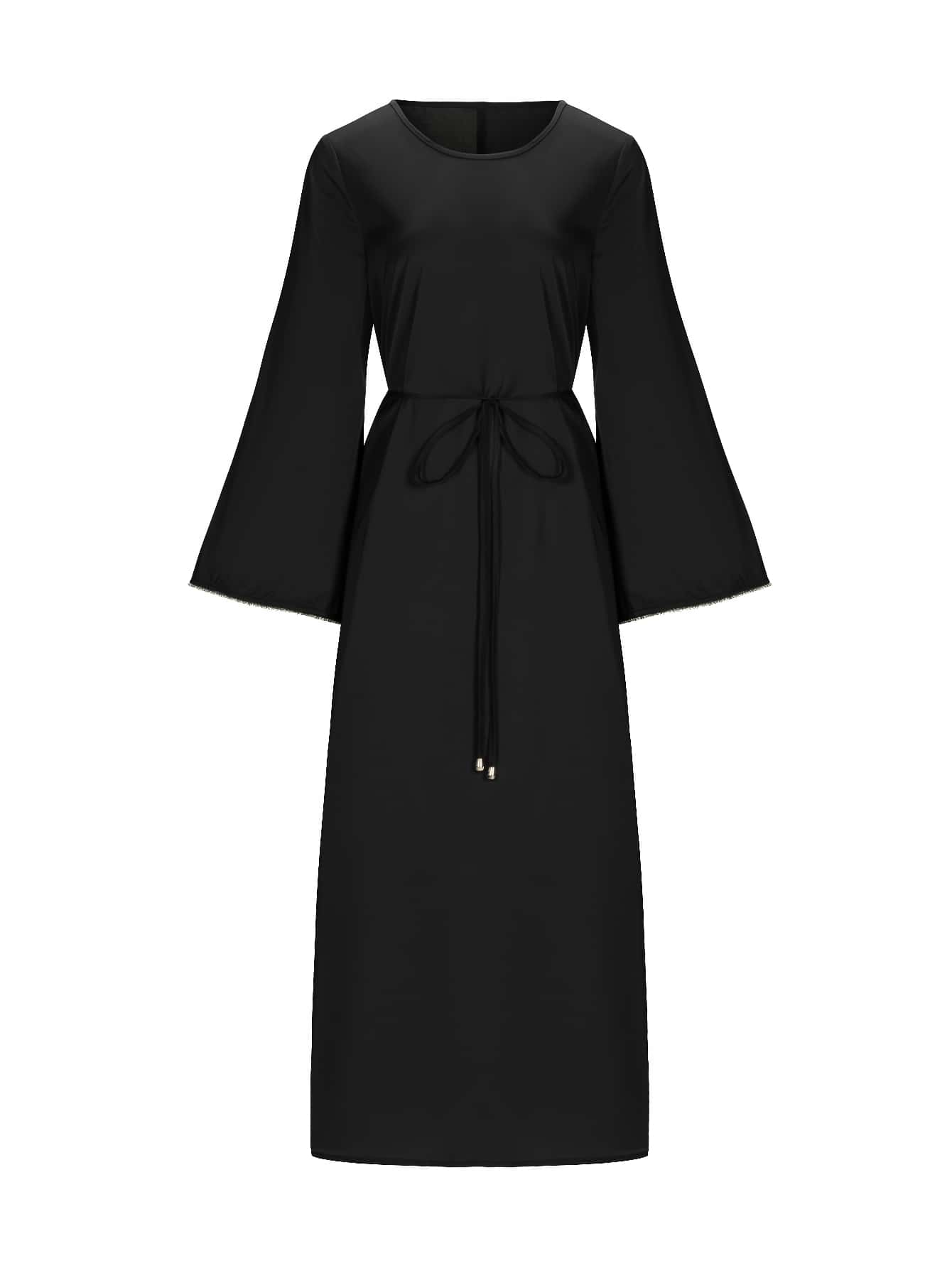 SHEIN فستان أسود برقبة مستديرة بأكمام منسدلة مطرز بالراين