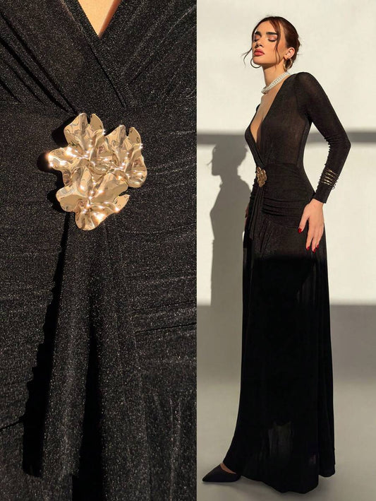 SHEIN Aloruh فستان اسود بياقة متدلية مزين